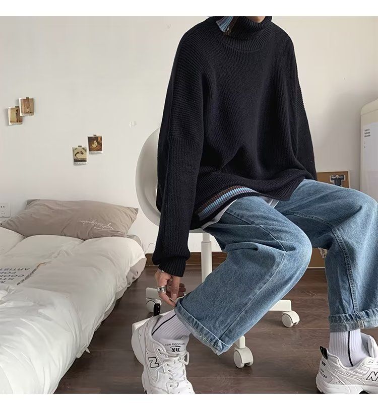 Men's Clothing Fashion color turtleneck sweater autumn and winter Hong Kong style retro all match Korean style knitted sweater warm couple tops_voghion.com