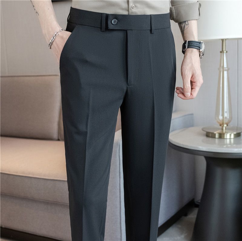 Summer new men's casual trousers, thin comfortable small straight nine-point trousers, elastic and drape on all sides, white trousers_voghion.com