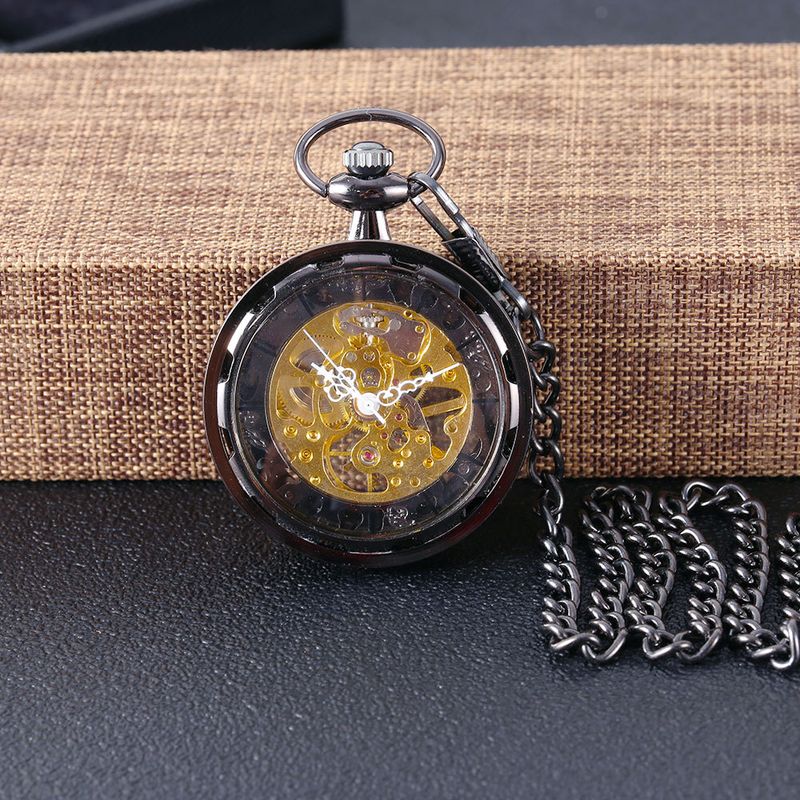 Schwarze mechanische Taschenuhr mit großem Rad und dicker Kette, nostalgisch, 8932_voghion.com