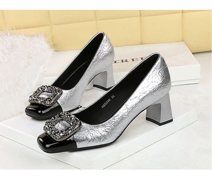 5299-K83 Fashion Party Coarse Women's Color Blocked Square Head Light Mouth Shining Metal Buckle High Heel Single Shoes_voghion.com