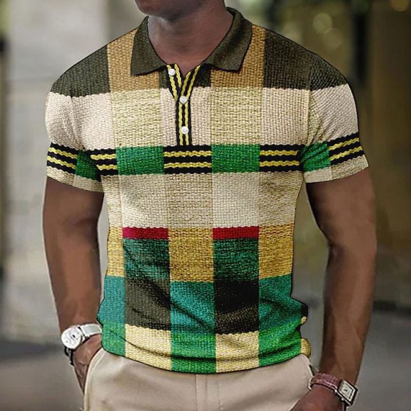 Men's Button-down Polo Shirt Plaid Pattern Turn-down Collar Trendy 3D Digital Print Short Sleeve Loose Casual Simple_voghion.com