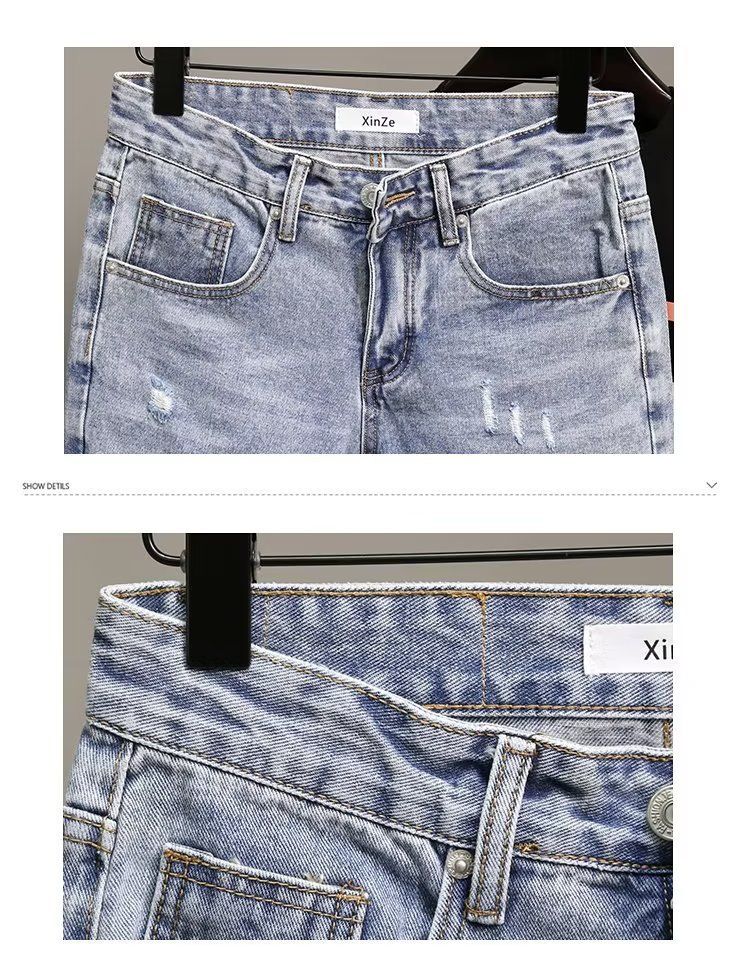 Herrenbekleidung Sommer Hellblaue zerrissene Jeansshorts Herren Trendy Brand Zerrissene Taschen Schlanke gerade Bettlerhose mit fünf Punkten_voghion.com