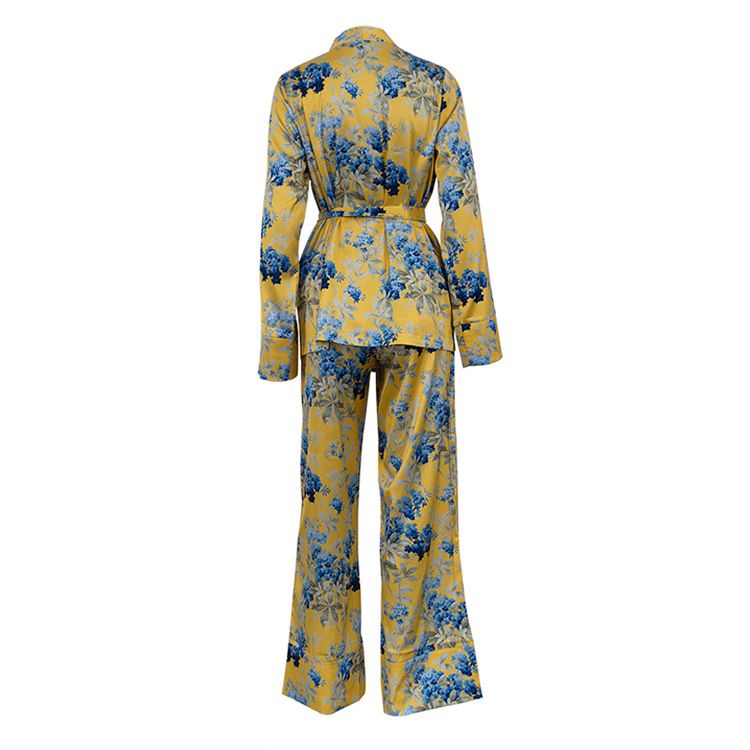 Abbigliamento da donna autunno e inverno, nuova moda, raso stampato, maniche lunghe, lacci, due pezzi, pantaloni a gamba larga, vita alta_voghion.com
