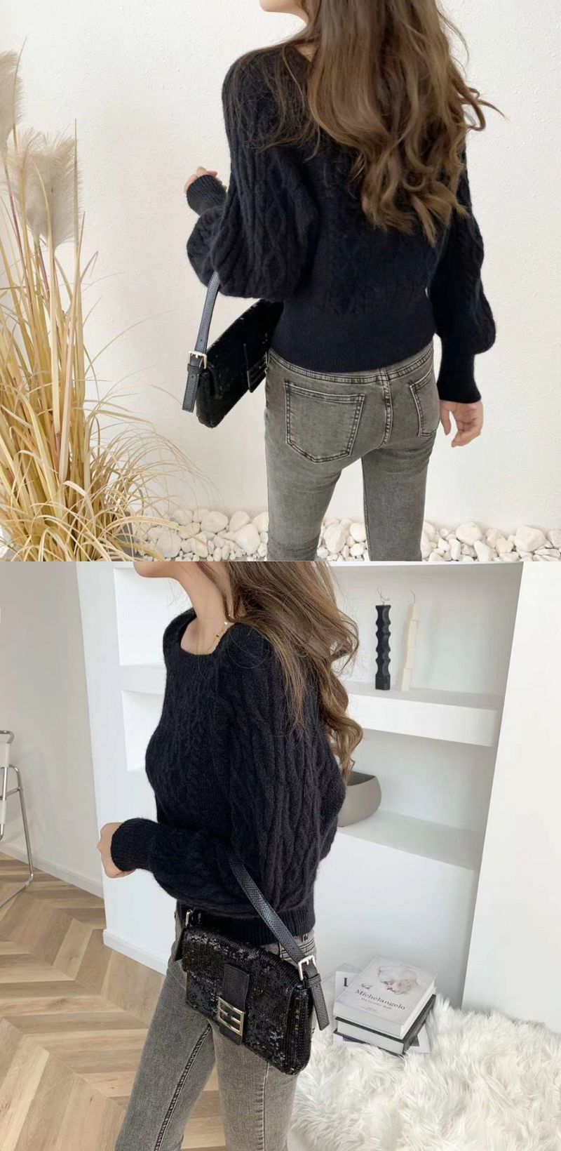 Pullover mit quadratischem Ausschnitt für Damen, Retro, verdickter Twist, Herbst und Winter, koreanischer Stil, lockere Außenbekleidung, enge Taille, schlanker Pullover_voghion.com