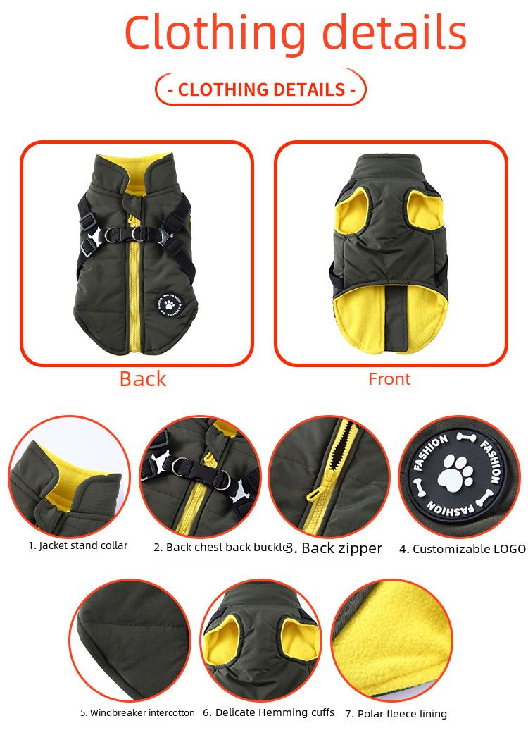 Kräiz-Grenz waarm verkafen Hond Këscht Riem Wanterjacket Koteng gepolstert Mantel Hausdéier Këscht zréck Hond Kleeder Zipper Déier Kleeder_voghion.com