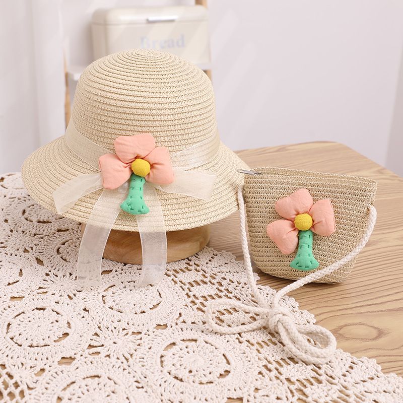 Set di borse di paglia estive per bambine con protezione solare per bambini, dolce e carina bambina, cappello parasole a tesa larga, cappello alla moda_voghion.com