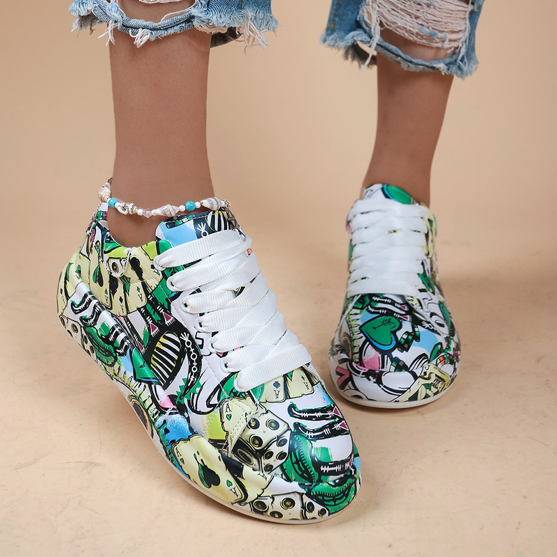 Modische, mit Graffiti bemalte große Sportschuhe für Damen, Oberbekleidung für Damen, bequeme Schnürschuhe mit dicker Sohle, weiße Schuhe_voghion.com