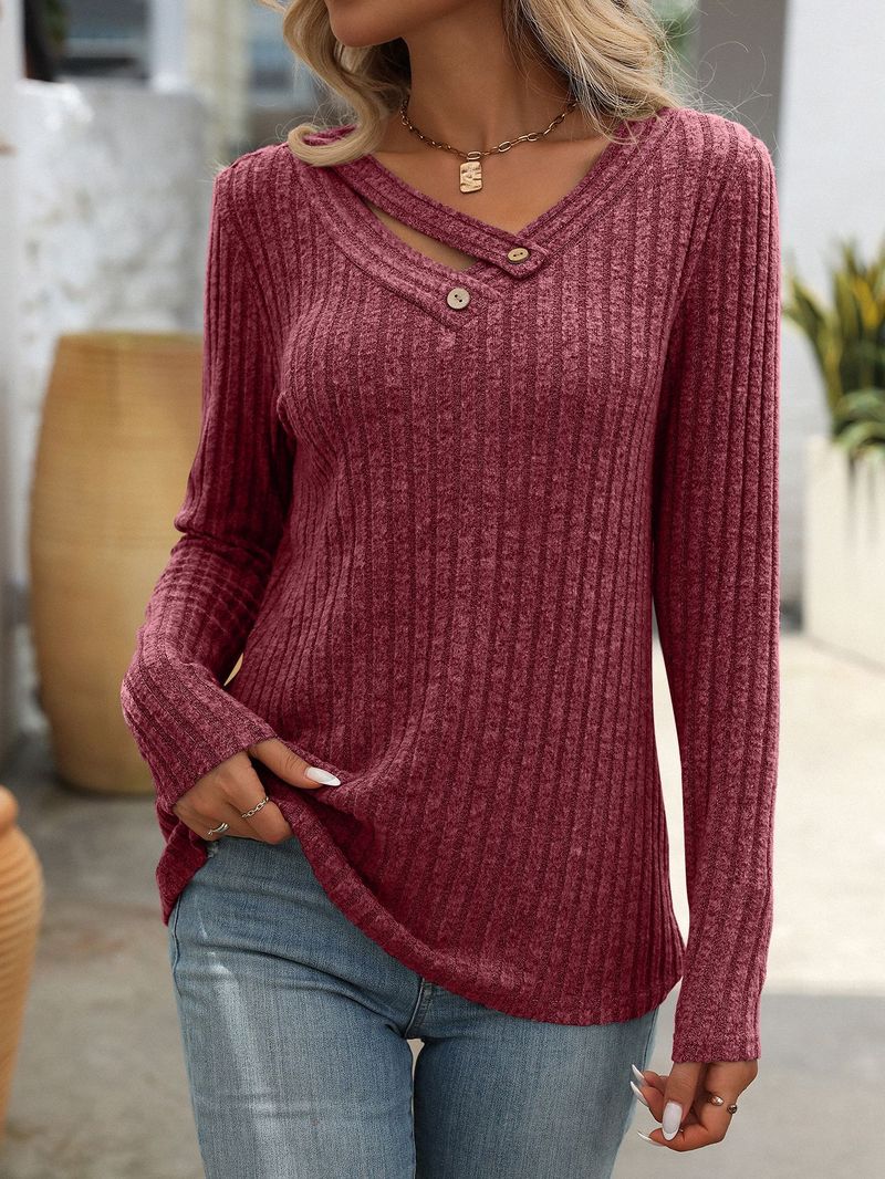 Maglietta casual da donna con scollo a V e bottoni - Maglia a maniche lunghe a coste dalla vestibilità ampia per autunno inverno (nero grigio, rosso vino, verde militare)_voghion.com