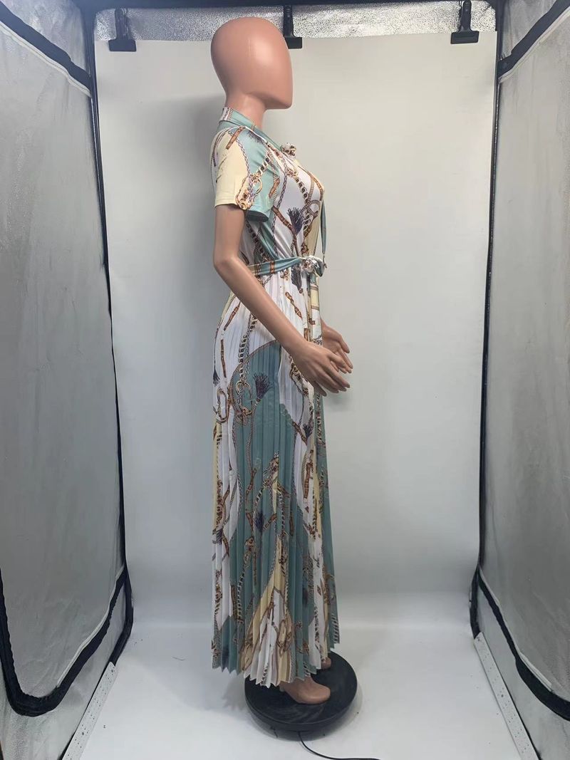 Women's short-sleeved printed pleated straps long skirt plus size _voghion.com