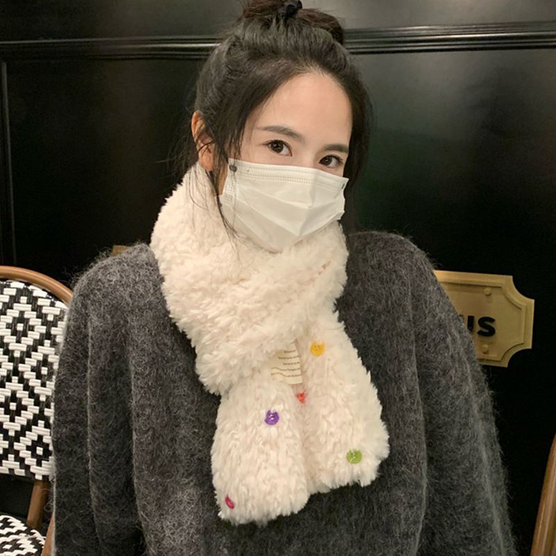 Sciarpa lunga in peluche da donna con motivo cervo bianco con bottoni uguali, nuova collezione autunno e inverno 2025, calda e spessa con collo alla moda_voghion.com