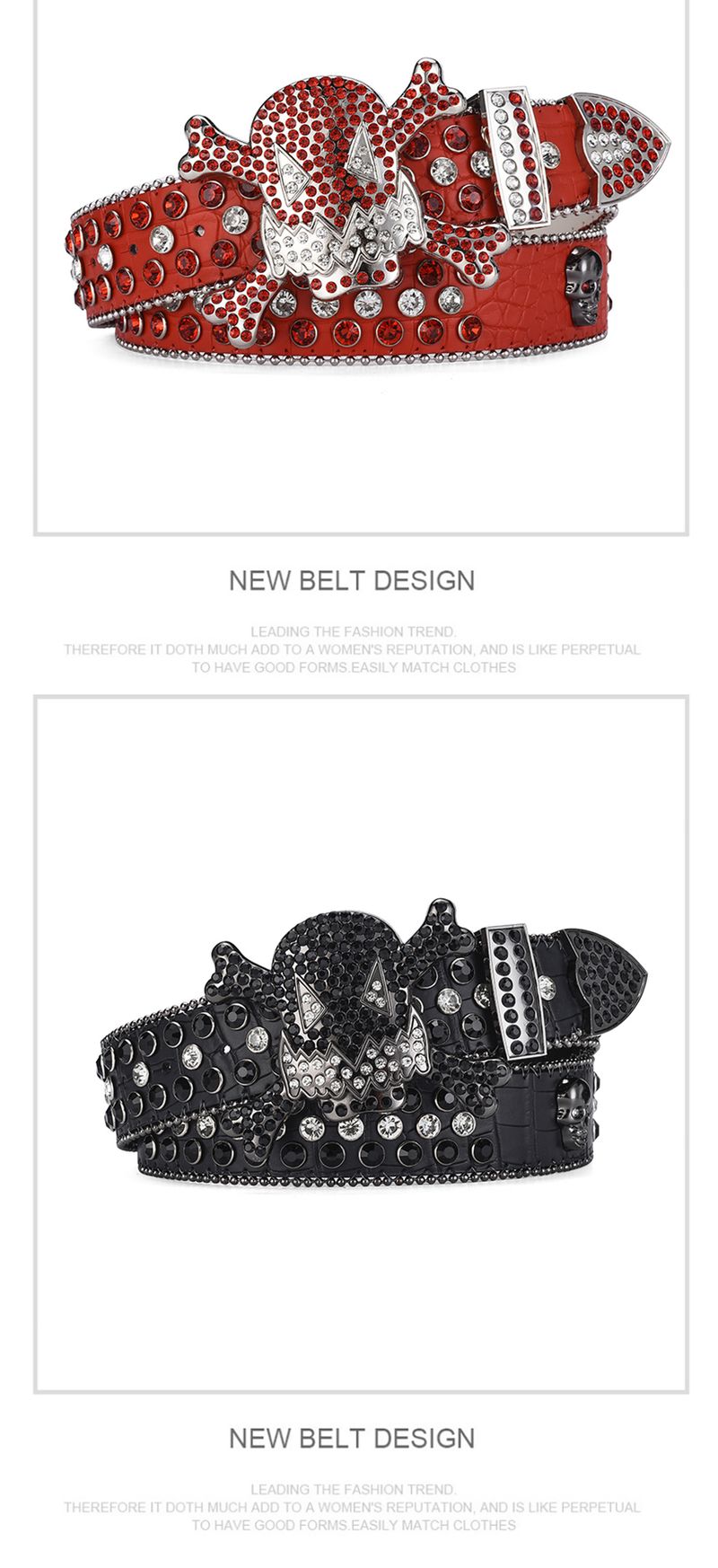 HOT Women's Jeans Skull Head Buckle Rhinestone Y2K Shiny Rivet Design Pu Artificial Diamond Punk Rock Men's Belt_voghion.com