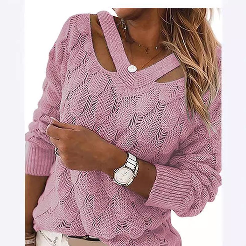 Maglione lavorato a maglia con scollo a V e spalle scoperte, nuovo modello 2025, da donna, autunno inverno_voghion.com
