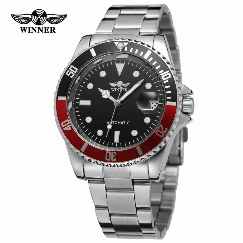 Automatische mechanische Herrenuhr mit leuchtenden Zeigern, Datumsanzeige, Skelettzifferblatt und Edelstahlarmband. Stahlarmbanduhr für Herren_voghion.com