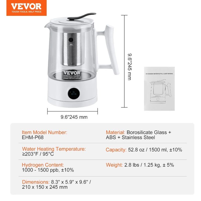 L Hydrogen 1.5 Kettle And Generator Generator Hydrogen Pitcher SPE PEM Water Capacity 52.8 Large Hydrogen Technology Water Oz_voghion.com