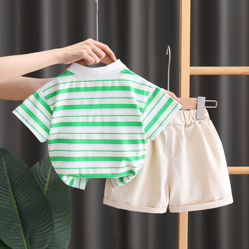 Children's Striped Embroidered Teddy Bear Short Sleeved Set, Trendy 1-4 Year Old New 2024 Summer Boys' Clothing_voghion.com
