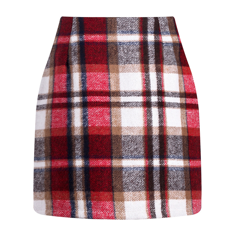 Damesmode geruite rok met hoge taille, strakke potloodwollen minirok_voghion.com