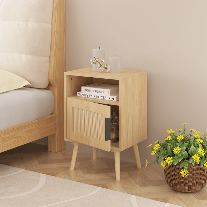 22.83" H Rattan Nightstand, Side Table With Door Open Shelf,Accent Bedside End Table With Solid Wood Legs For Bedroom, Dorm And Small Spaces_voghion.com