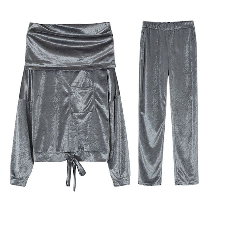 Set da due pezzi top moda in velluto da donna + pantaloni casual_voghion.com