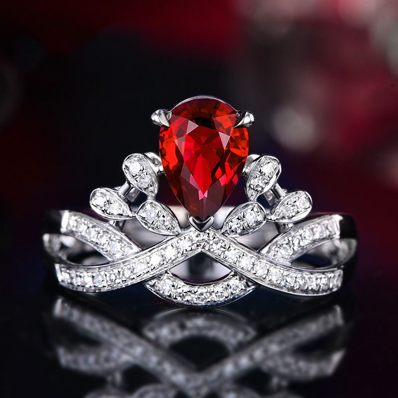 Anello di fidanzamento colorato con diamanti simulati a forma di corona a forma di pera, di lusso, Zhenrong_voghion.com