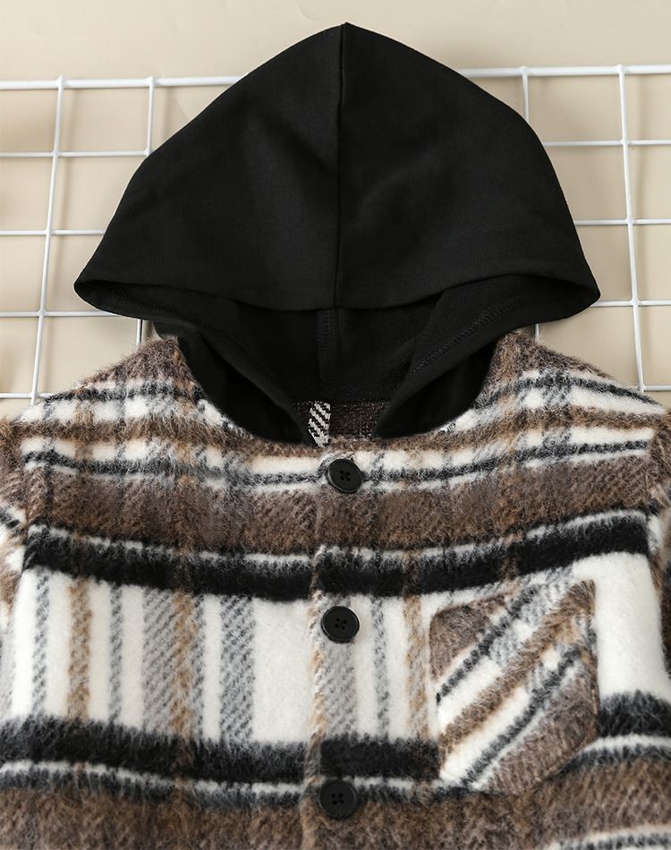 Abito autunnale da ragazzo Camicia a quadri per bambini Cappotto a maniche lunghe Felpa con cappuccio casual da ragazzo Set da due pezzi_voghion.com