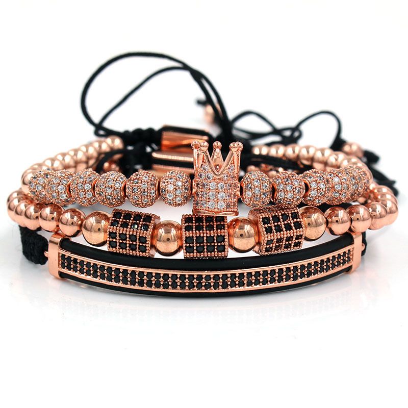 Modischer Trend, 12 6 mm Diamantkugeln, geflochten, mikroeingelegt, hohe Krone, 3 sechseckige Säulen, zweireihiger Diamanthalbmond, dreiteiliges Set_voghion.com