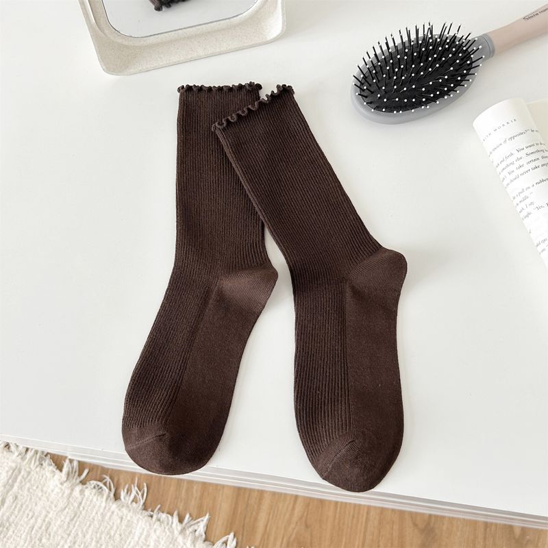 voor vrouwen zoete gerimpelde rand kant stapel dubbele naald effen kleur verticaal gestreepte lange buis katoenen sokken_voghion.com