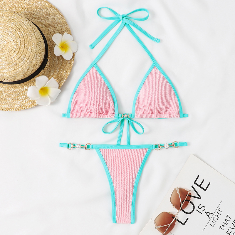 String trois points sexy bikini perle métal vague motif couleur contrastante bikini_voghion.com