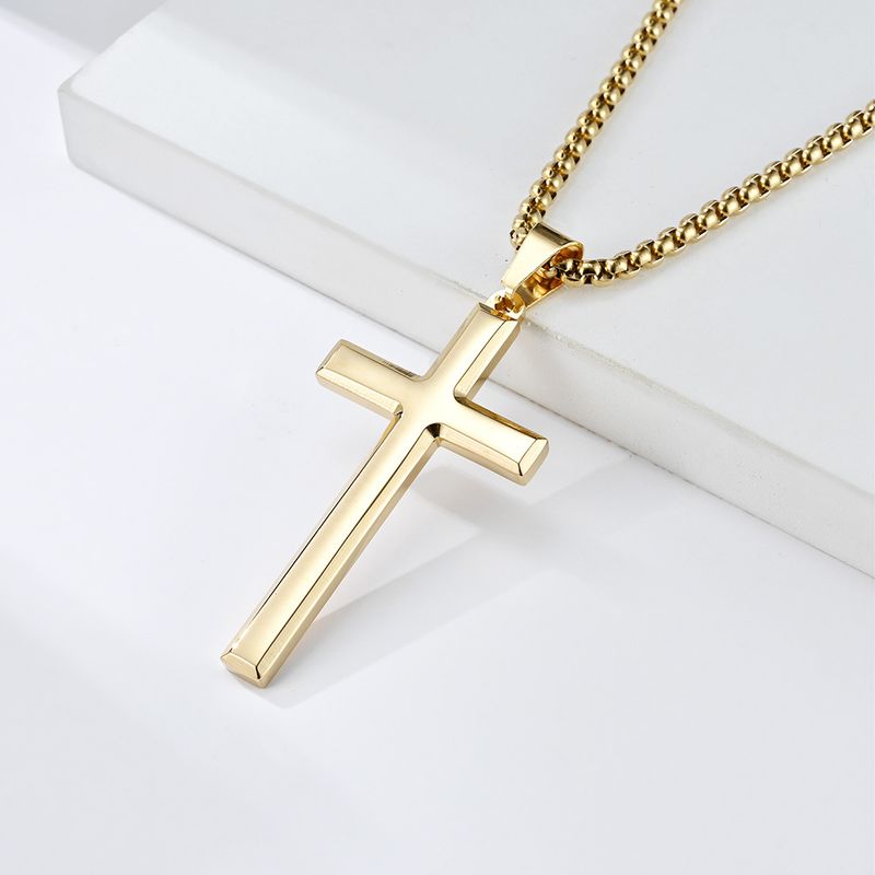 Collana con ciondolo a croce in acciaio inossidabile smussato semplice da uomo, stile neutro, personalità di nicchia_voghion.com