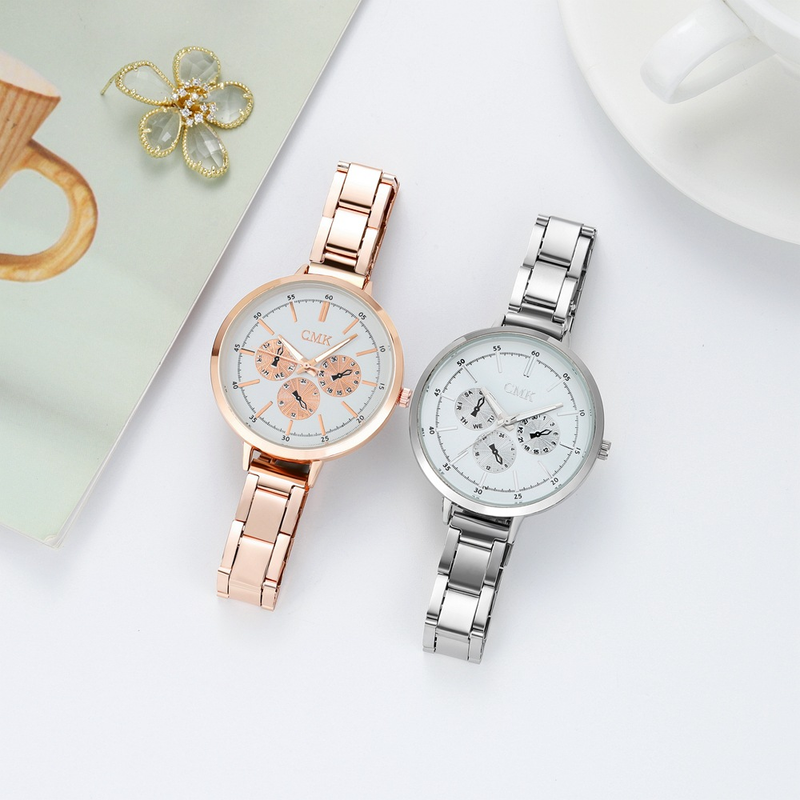 Nuovo orologio in lega da donna semplice e popolare con cinturino in acciaio a tre occhi falsi sottili_voghion.com