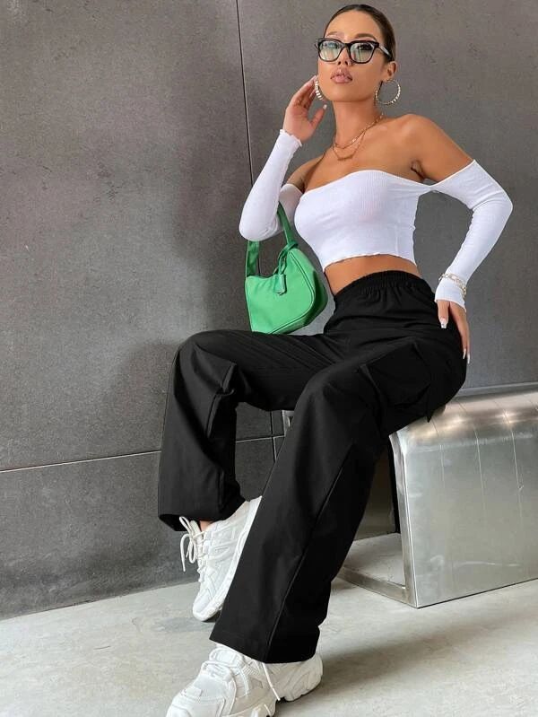 Damenbekleidung Gürtellose, hohe Taille, weites Bein, gerade, lockere Freizeithose_voghion.com