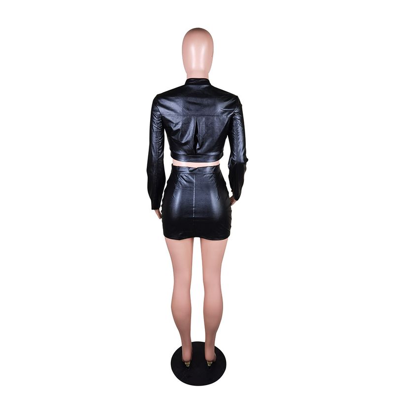Women's fashion casual four seasons PU leather zipper skirt two-piece set_voghion.com