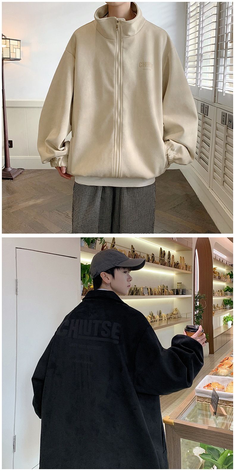 American Heavy Deerskin Fleece Jacket Men's Loose Bomber Jacket Lapel Couple_voghion.com