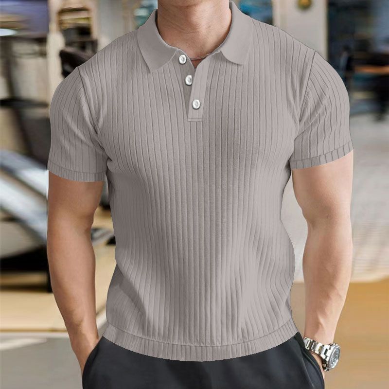 24 Men's Solid Color Short Sleeve Summer Casual Vertical Striped Turn-Down Collar Polo Versatile Elegant Button T-Shirt_voghion.com