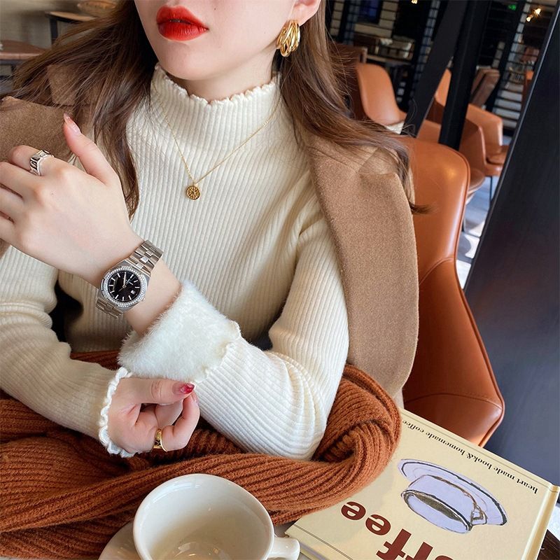 Women's Fleece-Lined Knit Sweater Semi-Turtleneck Winter Warm Pullover Soft Comfortable Casual Tops_voghion.com