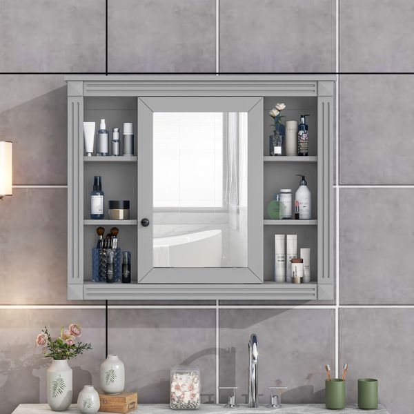 35'' X 28'' Wall Mounted Bathroom Storage Cabinet, Medicine Cabinet, Modern Bathroom Wall Cabinet With Mirror, Mirror Cabinet With 6 Open Shelves (N_voghion.com