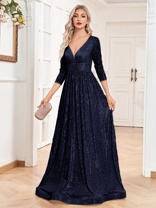 Abendkleid mit Pailletten, großer Schwung, V-Ausschnitt, hohe Taille, Host-Bankettkleid, Abend-Performance-Kleid_voghion.com