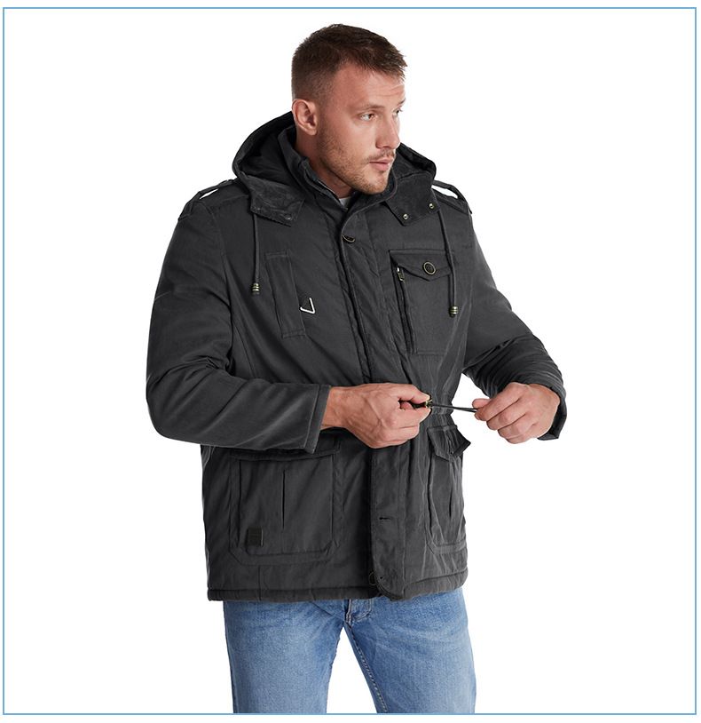 Men's Plus Size Shearling Hooded Cotton Jacket Thickened Multi-Pocket Cotton Top Casual Mid-Length Coat_voghion.com