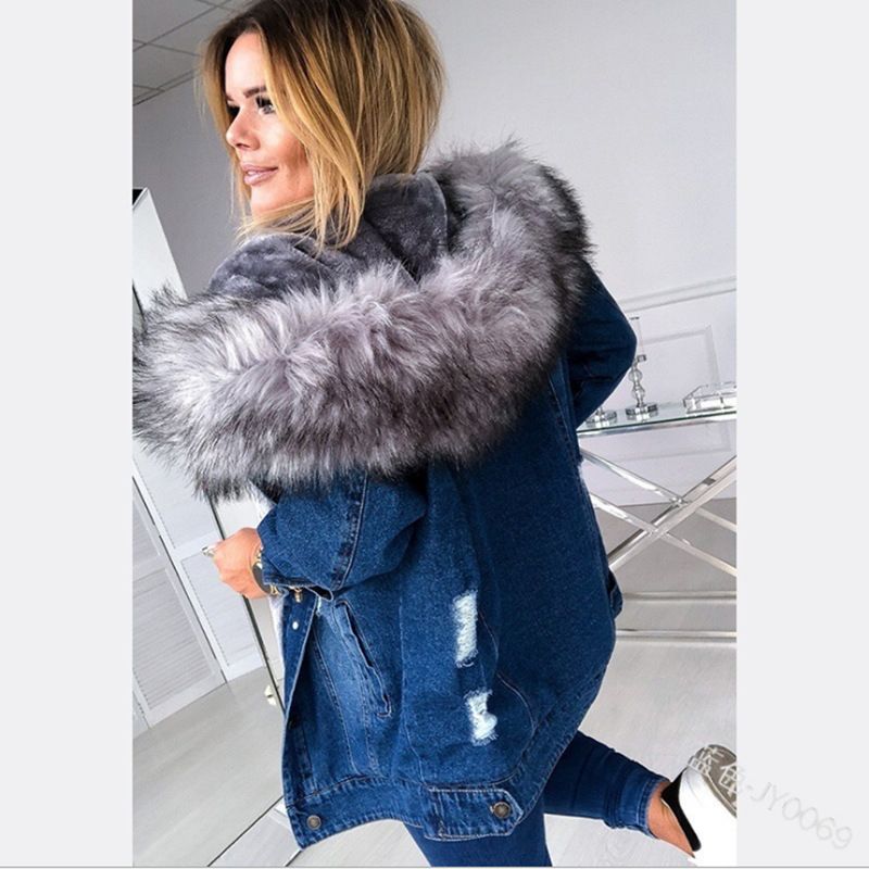 Giacca in denim con collo in pelliccia grande, lunghezza media, per autunno e inverno, in vendita calda, transfrontaliera europea e americana_voghion.com