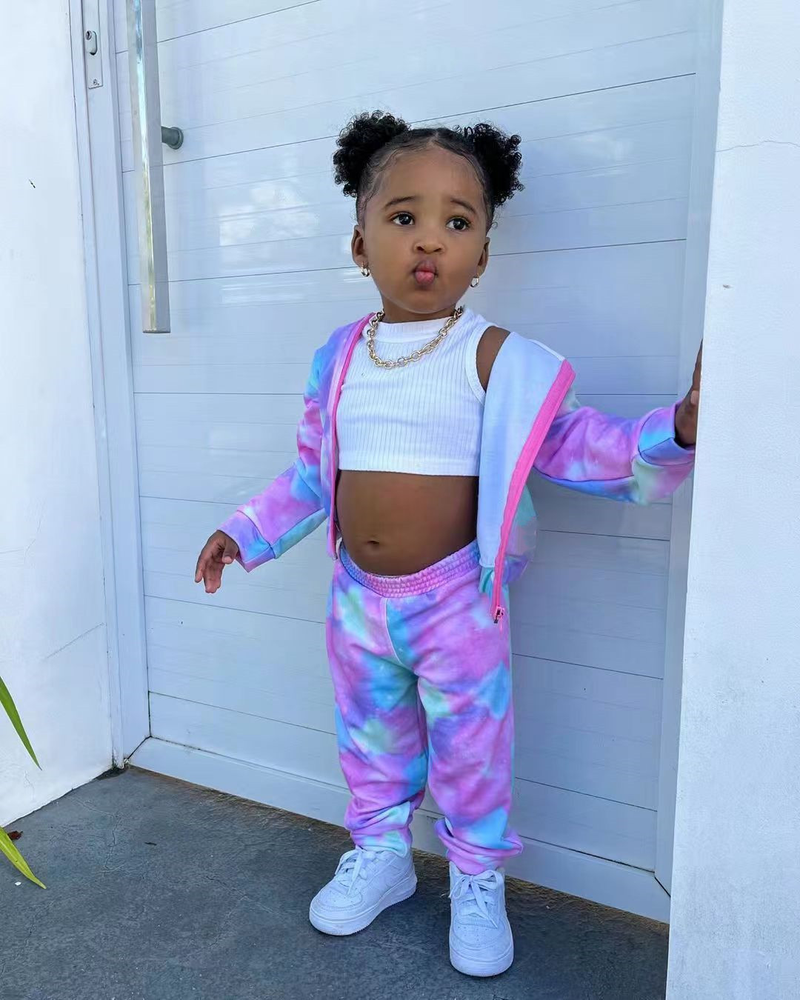 M8069 children's clothing 2024 casual sports new cardigan long sleeved tie dyed hoodie set_voghion.com