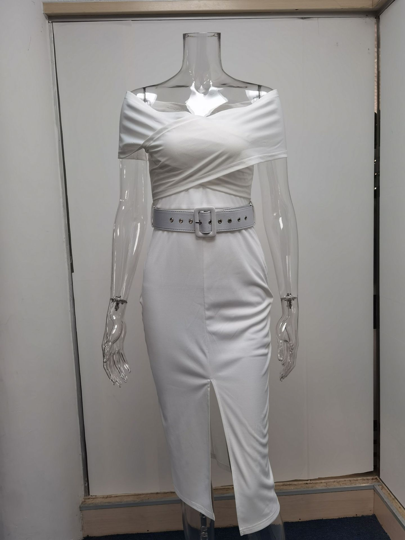 elegant temperament for commuting, simplicity and maturity new style off-shoulder belt slit skirt_voghion.com