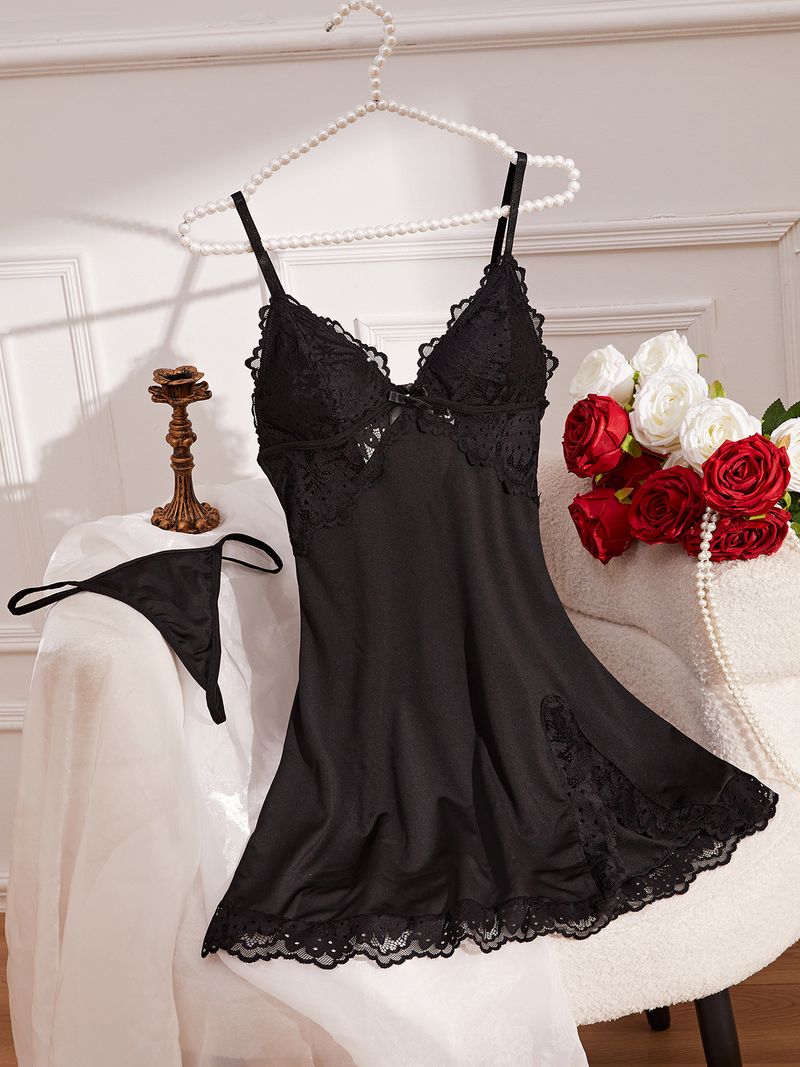 Women's Intimates Sexy Temptation Lingerie Lace Splicing Pajamas Dress Thong Two Piece Suit_voghion.com