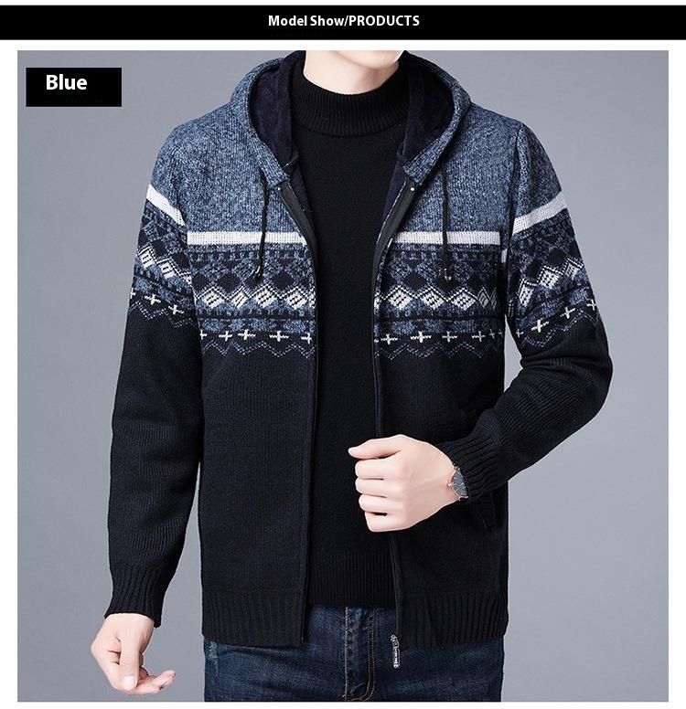 Winter new coat hooded fleece sweater color blocked casual zipper knitted men's cardigan_voghion.com