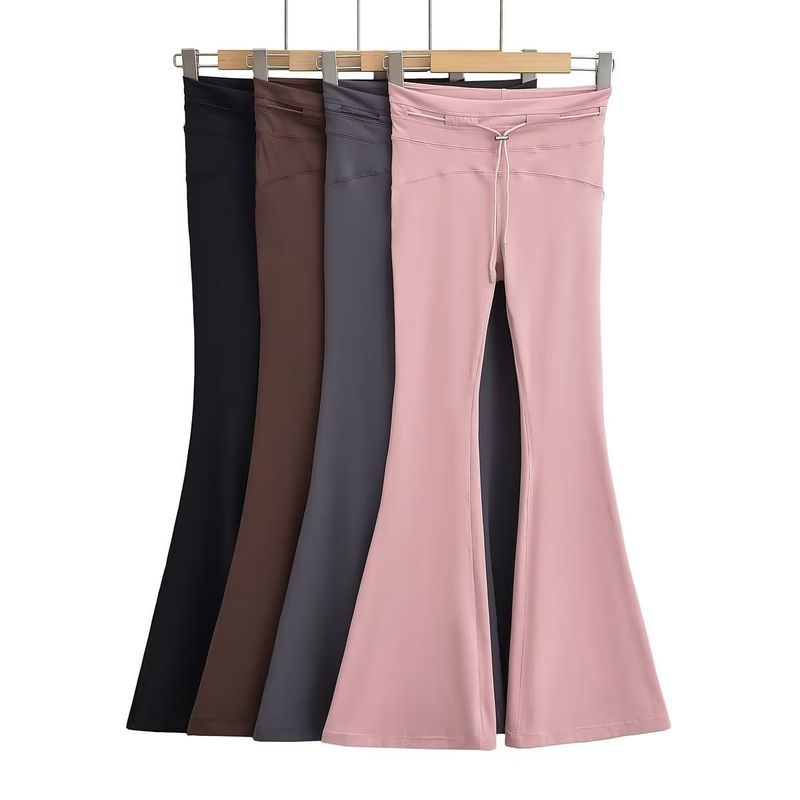 RenMou Autumn New Wide Edge High Solid Color Elastic Cotton Tight Yoga Pants Bellbottom Waist Drawstring Strap Exclusive Supply_voghion.com