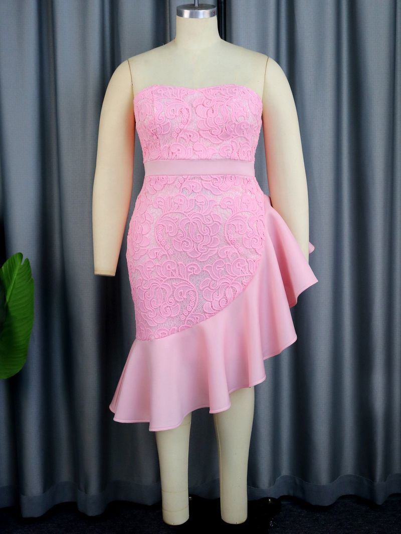 Women's lace patchwork dress plus size celebrity wave tube top dresses_voghion.com