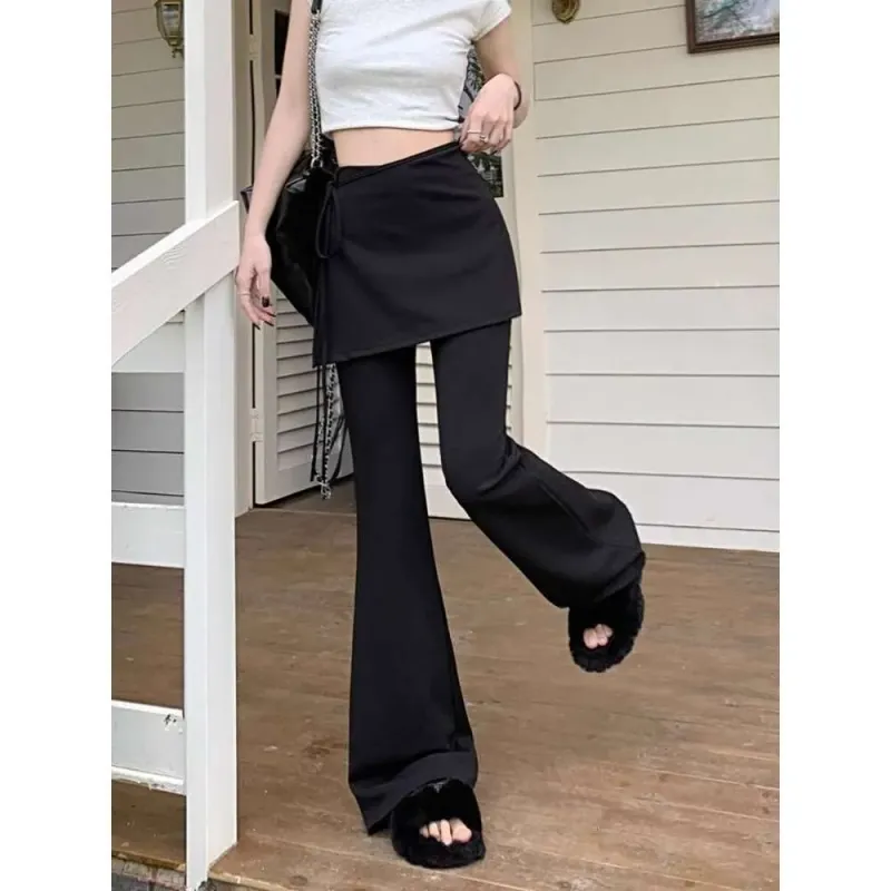 Black High-Waisted Summer Casual Women, Designed For A Slimming Effect, Loose Fit, Long Flared Pants, Bootcut Pants_voghion.com