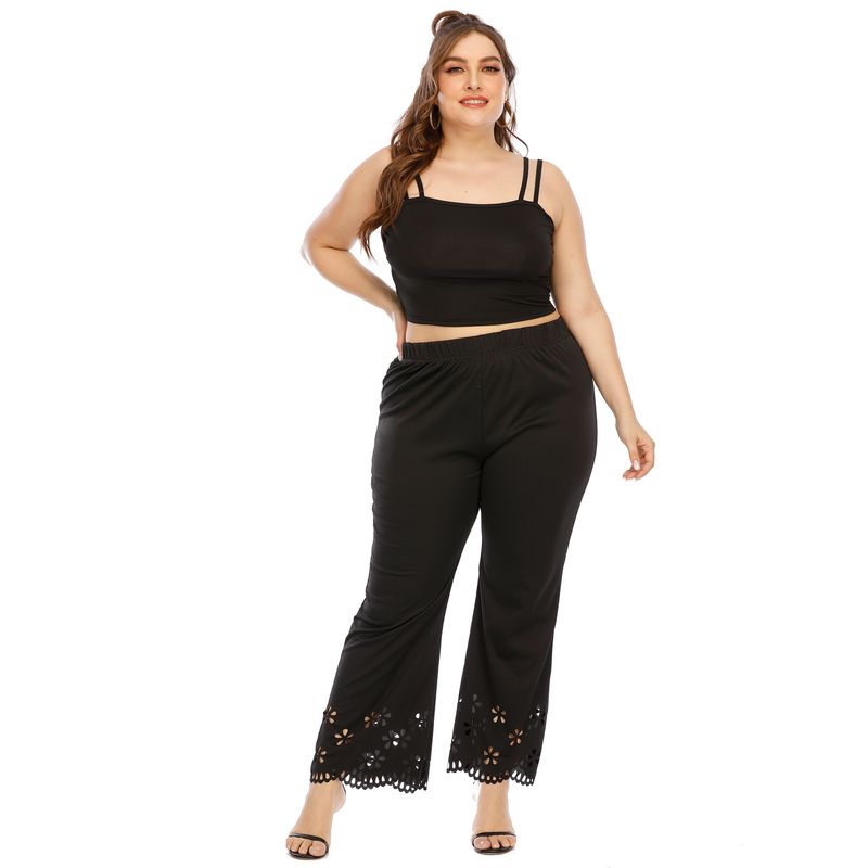 plus size women's hollowed-out burnt flower micro flared straight pants elastic waist casual pants_voghion.com