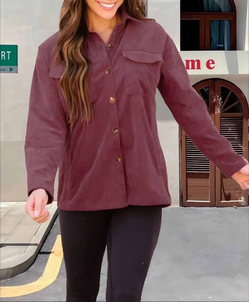 Giacca casual a coste con colletto rovesciato, tinta unita, autunno inverno 2025_voghion.com