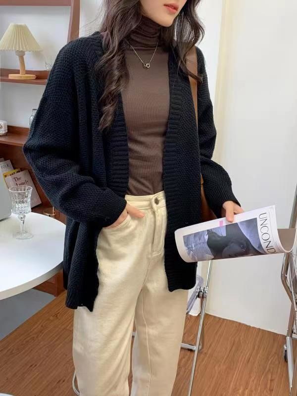 Cardigan da donna in stile vintage francese K, nuovo, in maglia grossa, ampio e comodo, di media lunghezza._voghion.com
