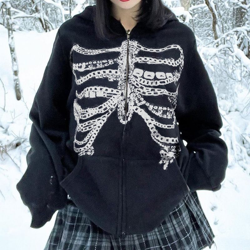 Personalized Dark Style Breastbone Print Hooded Cardigan Sweatshirt With American Niche Design, Loose Casual Jacket_voghion.com