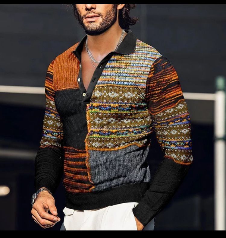 Herrenbekleidung 3D-gedrucktes Revers Langarm Button-Down-Poloshirt Herren Langarm T-Shirt Herren_voghion.com